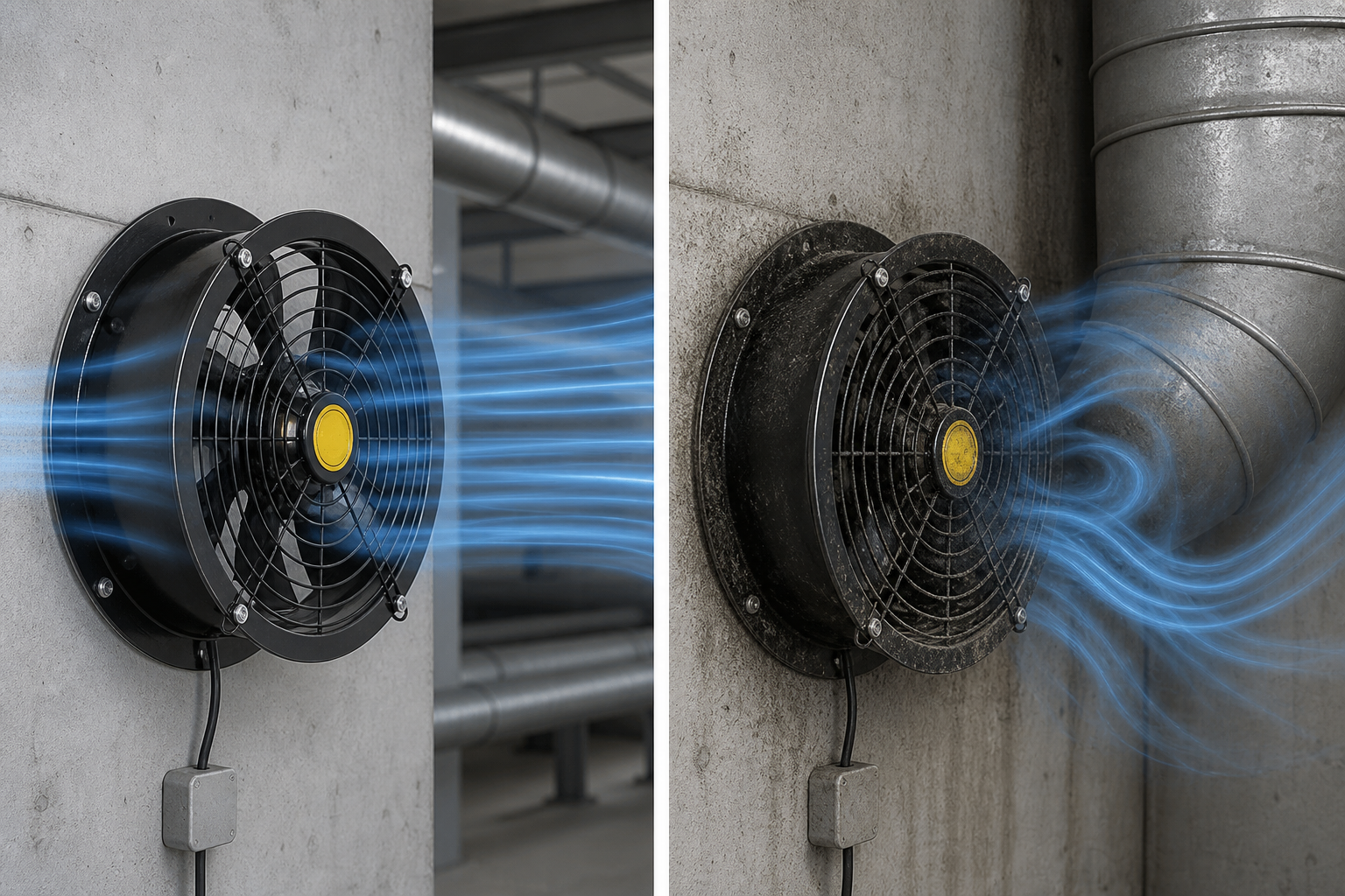 Correct axial fan inlet airflow compared with turbulent airflow from poor installation