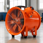 Orange portable axial fan in a clean industrial workshop
