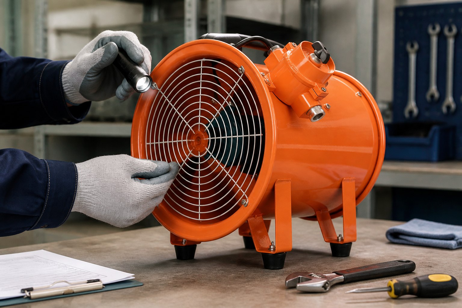 Technician inspecting a powered-off orange portable axial fan