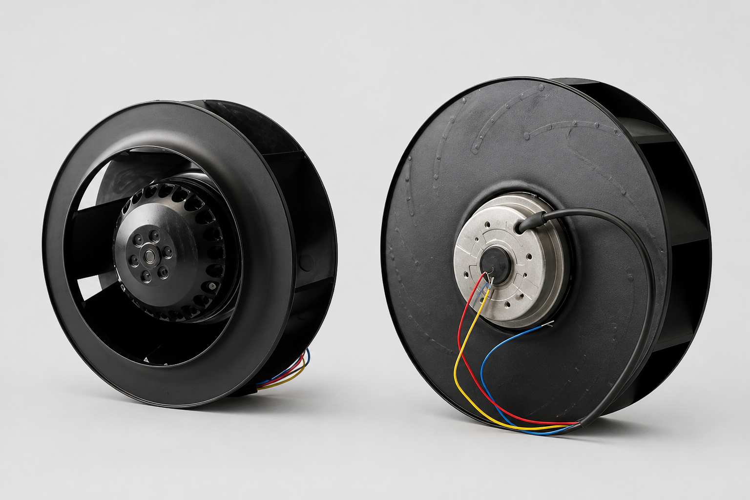Front and rear views of a black external-rotor centrifugal fan