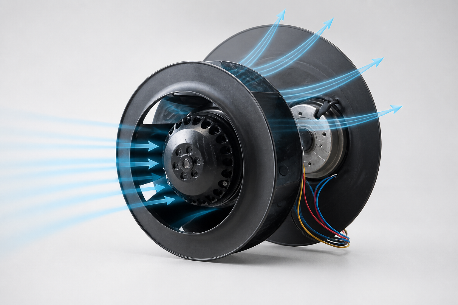 Air entering a black external-rotor centrifugal fan axially and leaving radially