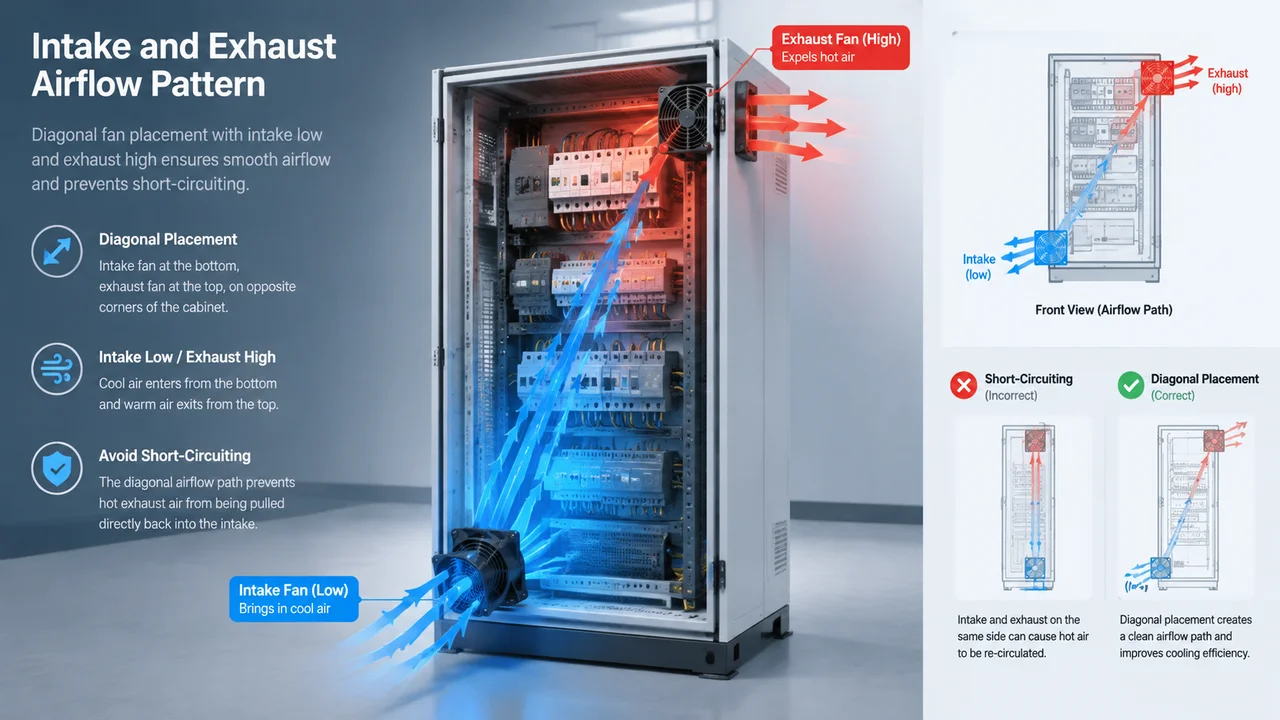 Diagram showing intake and exhaust airflow pattern in an electrical cabinet