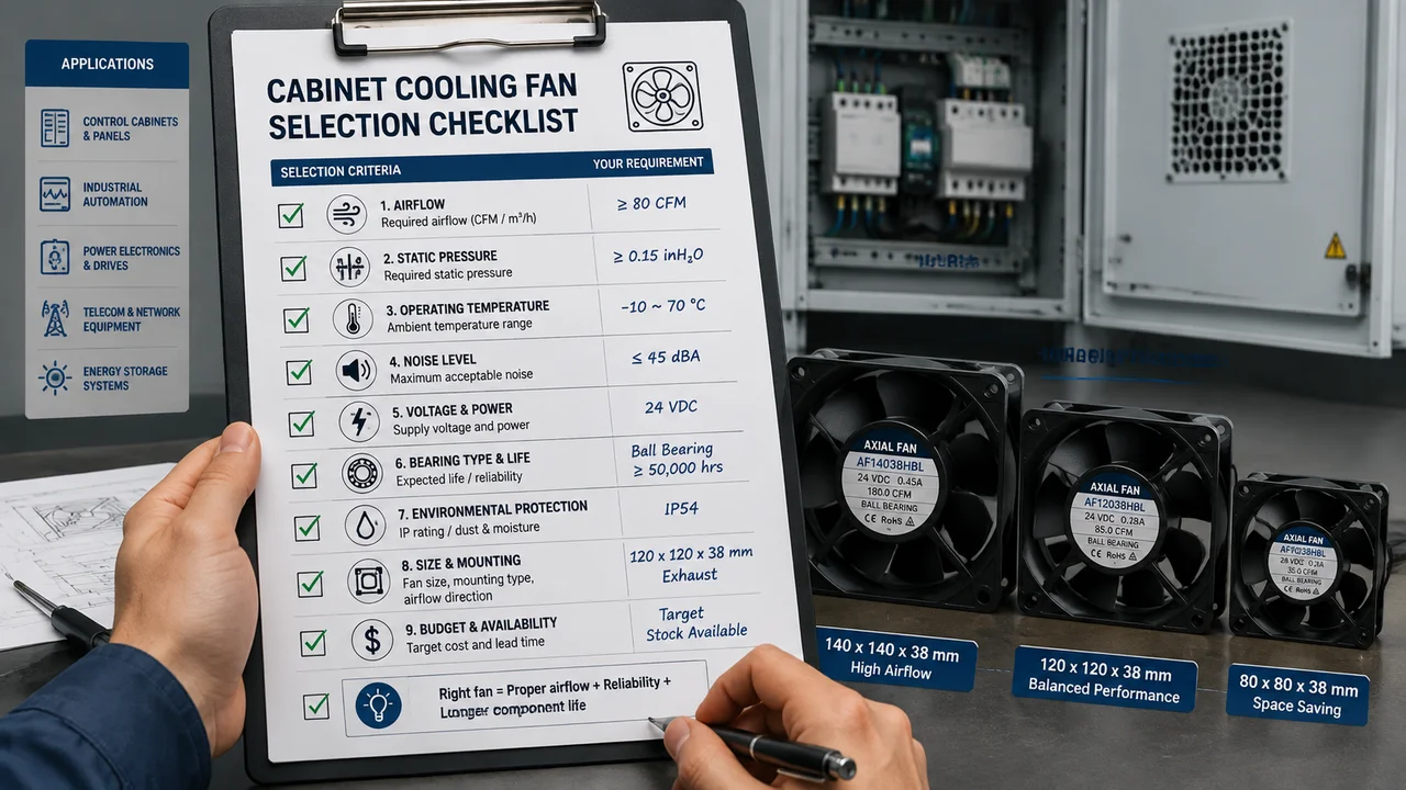 Cooling fan selection checklist on an engineer clipboard
