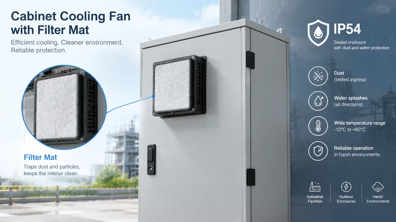 Cabinet cooling fan installed on an industrial enclosure with filter mat