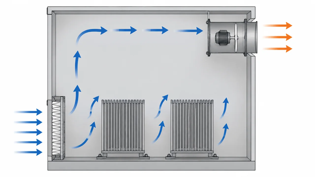 Side-section illustration of a filtered cabinet inlet, internal heat sinks and axial exhaust airflow