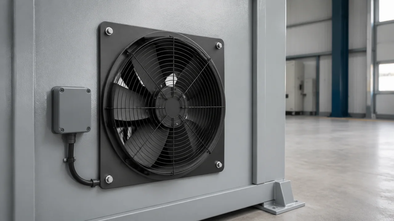 Guarded axial fan bolted to an industrial equipment panel beside a closed wiring junction box