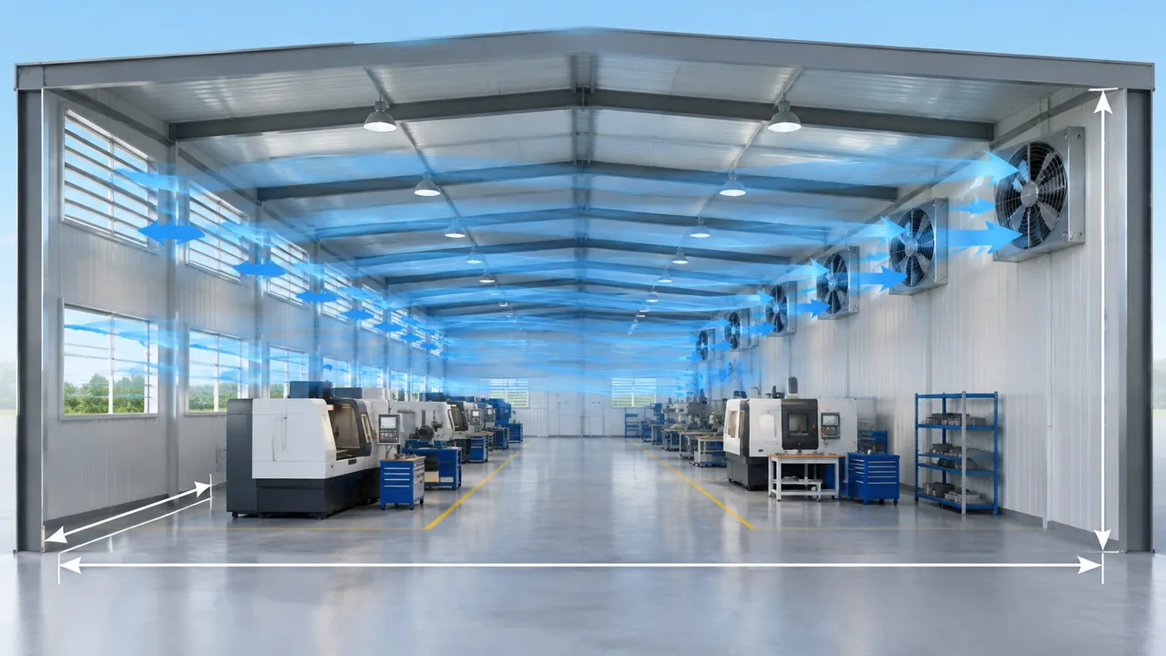 Factory workshop dimensions and airflow paths used for an air-change calculation