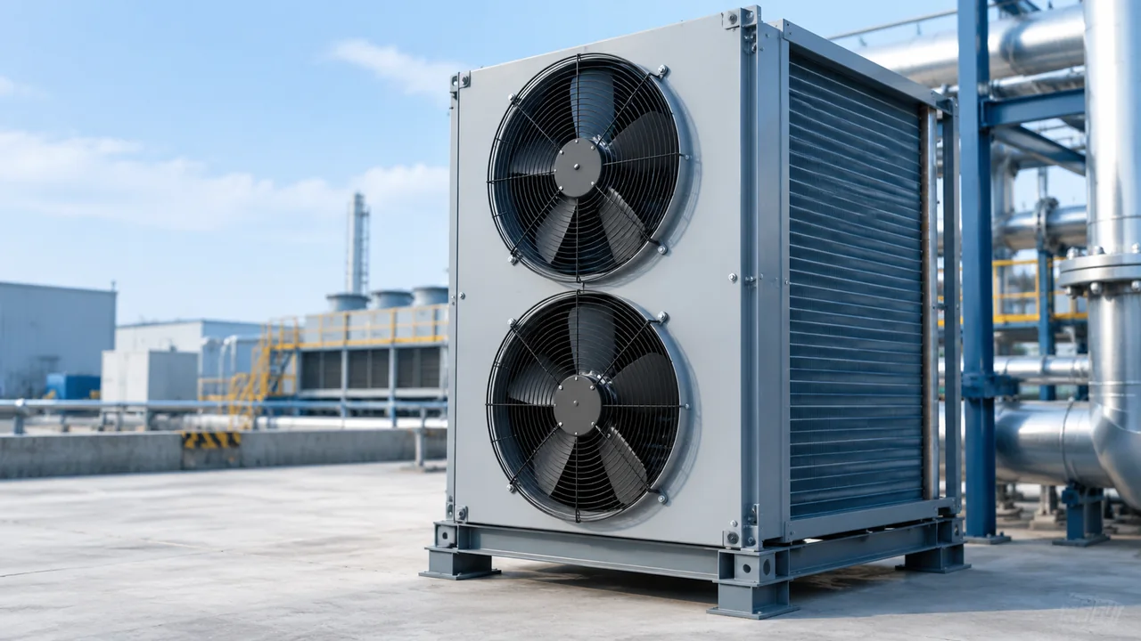 Guarded axial fans mounted on an industrial air-cooled heat exchanger in a clean equipment area