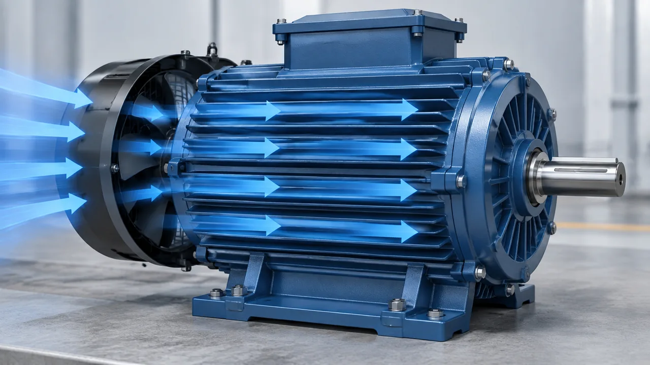 Cooling air flowing from a rear-mounted fan along the fins of an inverter motor