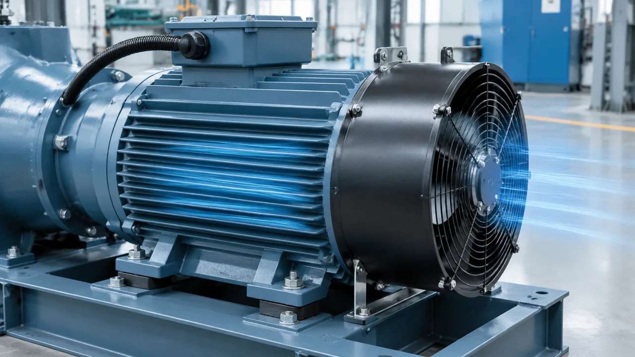 Inverter motor cooling fan installed at the rear of an industrial motor