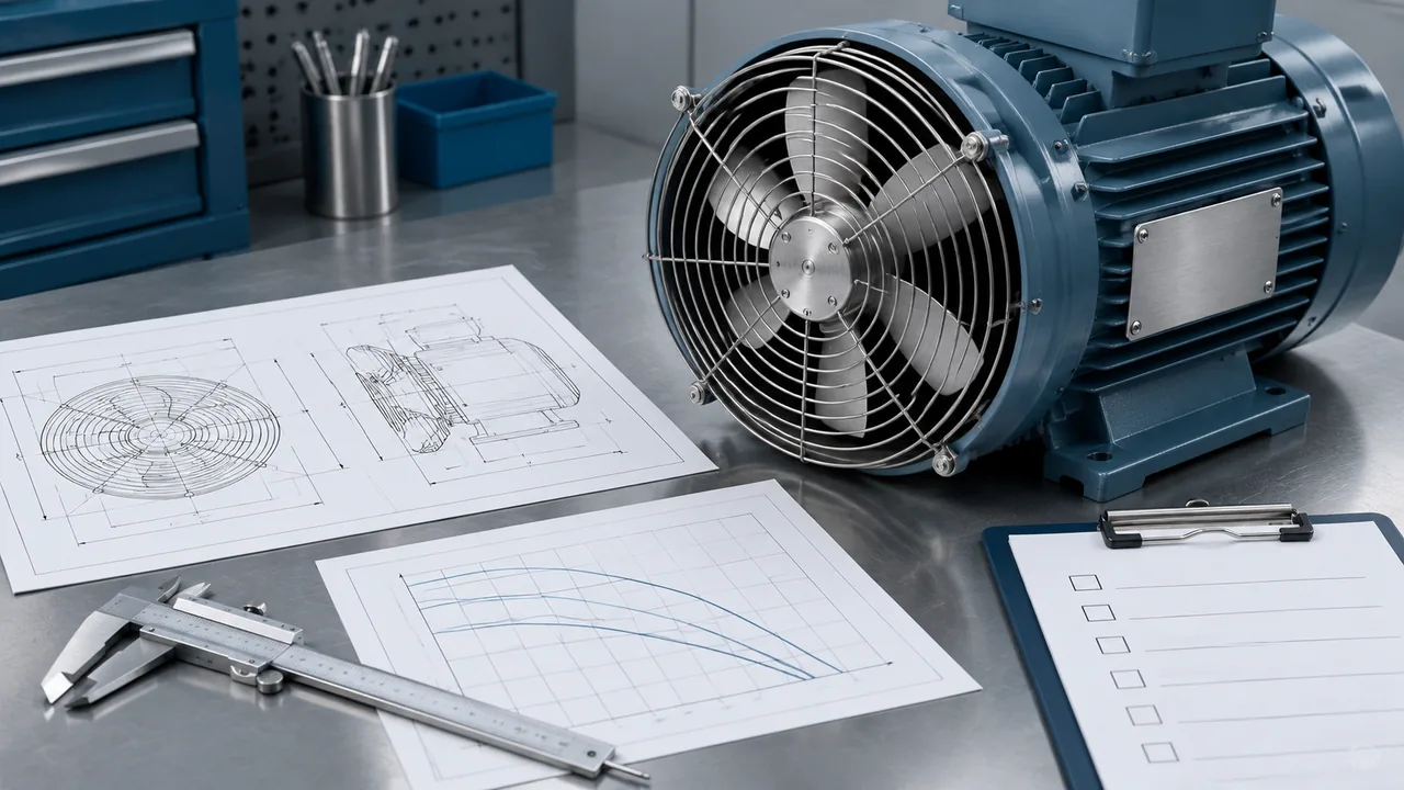 Motor nameplate, mounting drawing and fan performance documents used for cooling fan selection