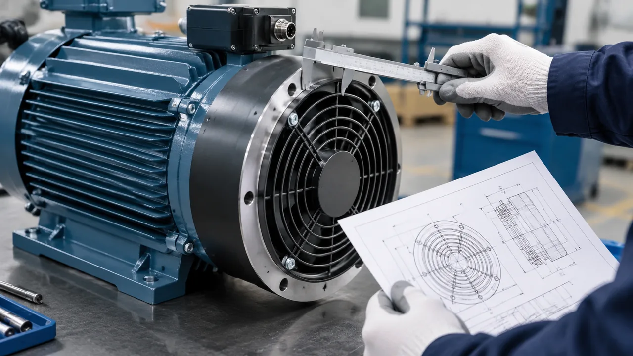 Technician checking the rear mounting dimensions for an inverter motor cooling fan