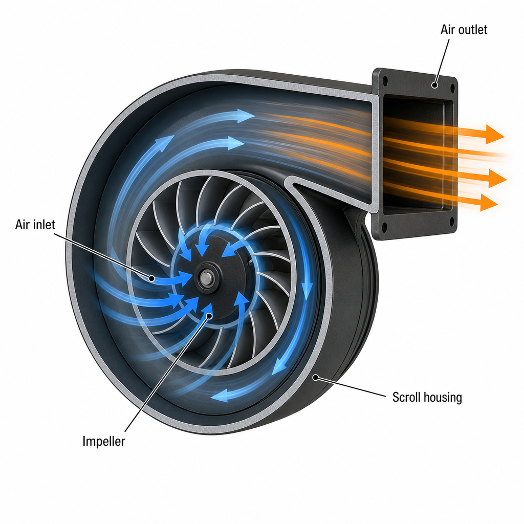 Conceptual cutaway of a small AC centrifugal blower showing inlet, impeller, scroll housing and air outlet