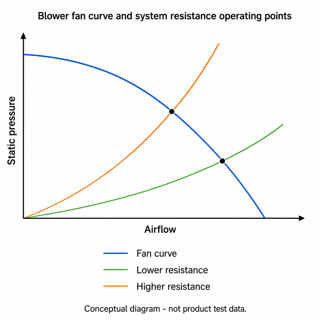Fan curve intersecting two system resistance curves, showing lower airflow at higher resistance
