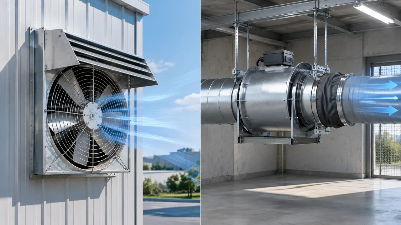 Wall-mounted and ducted exhaust fan installations in factory workshops