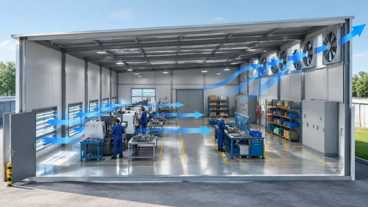 Balanced intake and exhaust airflow moving across a factory workshop
