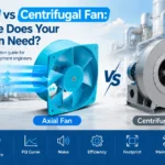 Blue industrial axial fan compared with a grey centrifugal fan in an industrial plant, illustrating the axial fan vs centrifugal fan selection guide