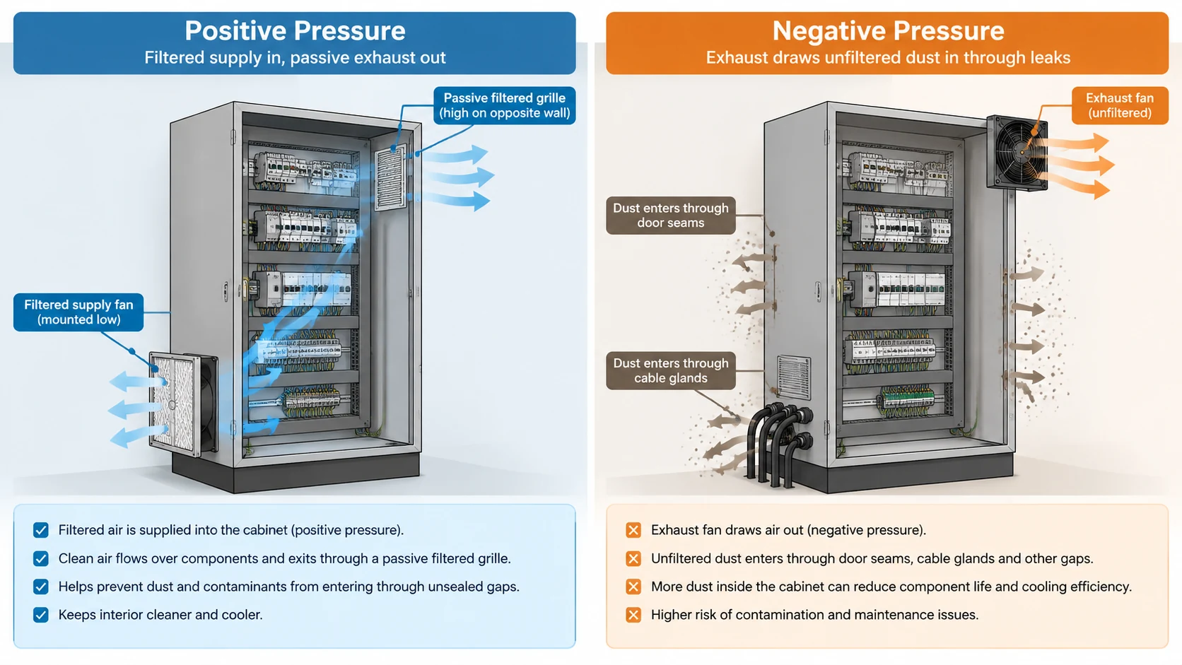 Side-by-side diagram comparing a positive pressure electrical cabinet with a filtered supply fan mounted low and a passive filtered grille high, against a negative pressure cabinet where an exhaust fan draws unfiltered air in through door seams and cable glands