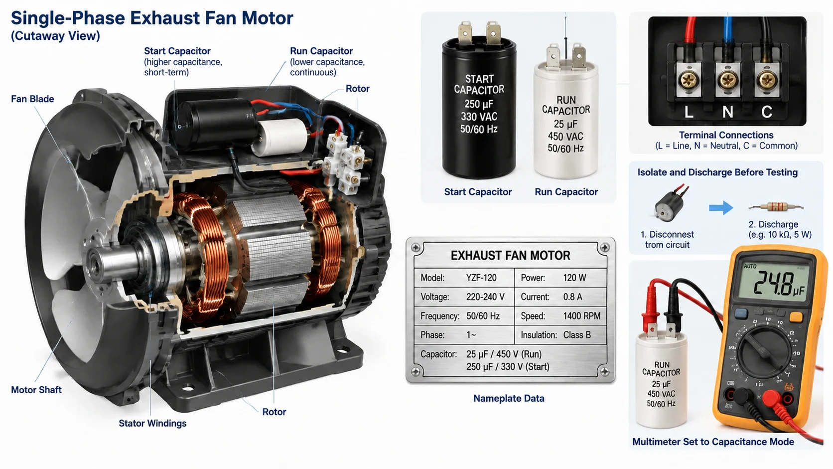 Cutaway of a single-phase exhaust fan motor showing the start and run capacitors, terminal connections and nameplate data, with a multimeter set to measure capacitance after the capacitor has been isolated and discharged