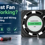 Industrial exhaust fan with cover text about bearing, motor and wiring troubleshooting