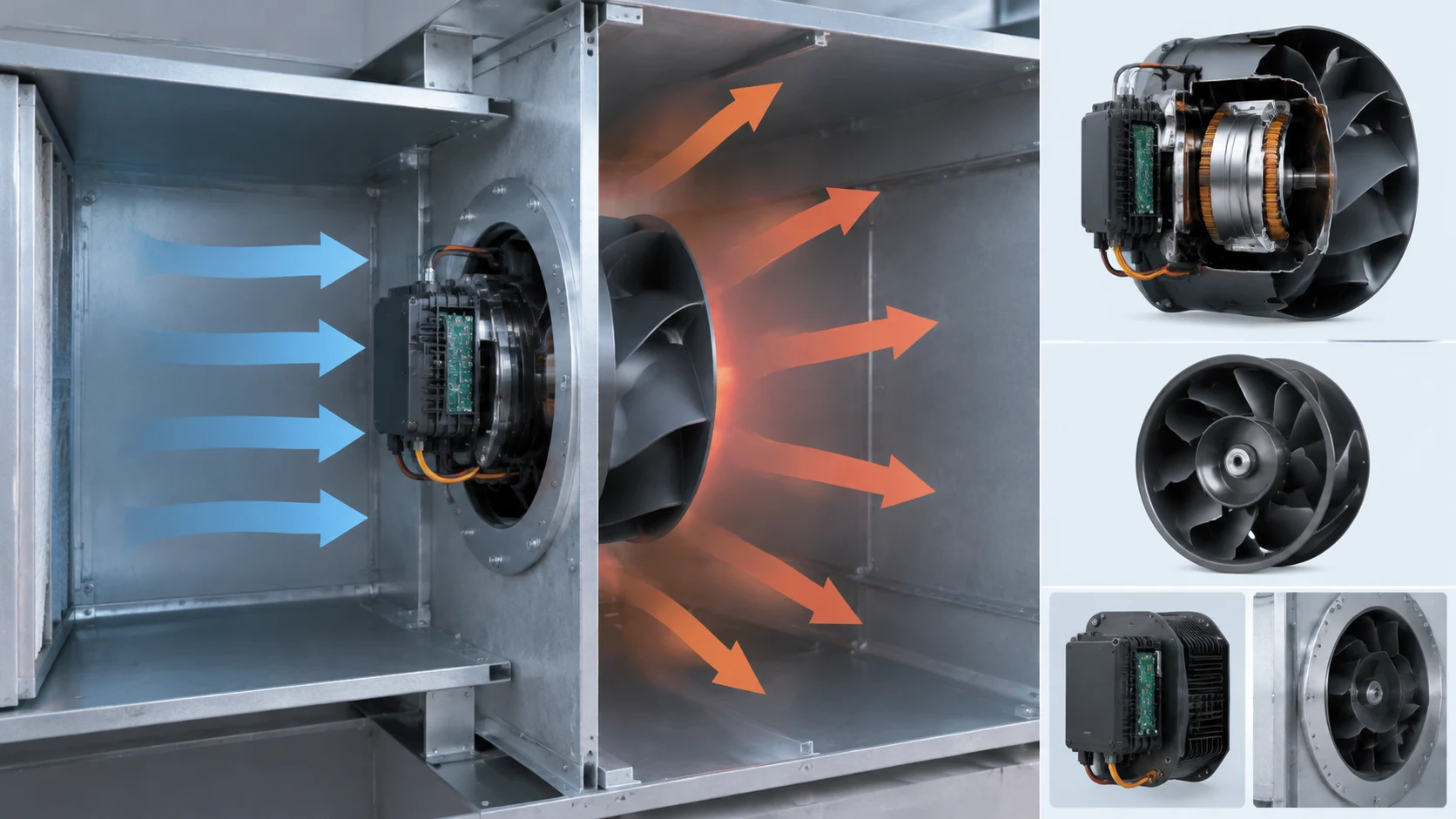 Cutaway technical diagram of a plug fan showing the integrated external-rotor motor, the backward-curved impeller mounted directly on the rotor, the open radial discharge path with no scroll housing, and the mounting bulkhead separating the plenum side from the service side