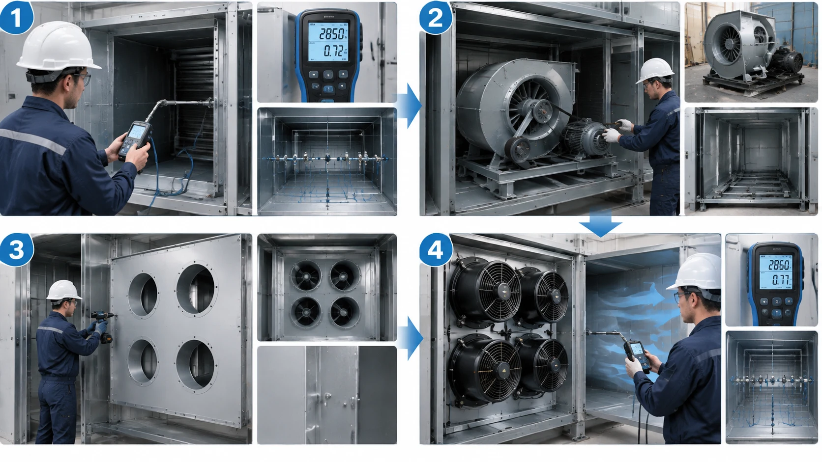 Sequential retrofit diagram of a belt-driven air handling unit being converted to a modular plug fan array, showing measurement of the existing duty, removal of the blower and motor base, construction of the mounting bulkhead, and final airflow verification with a duct traverse