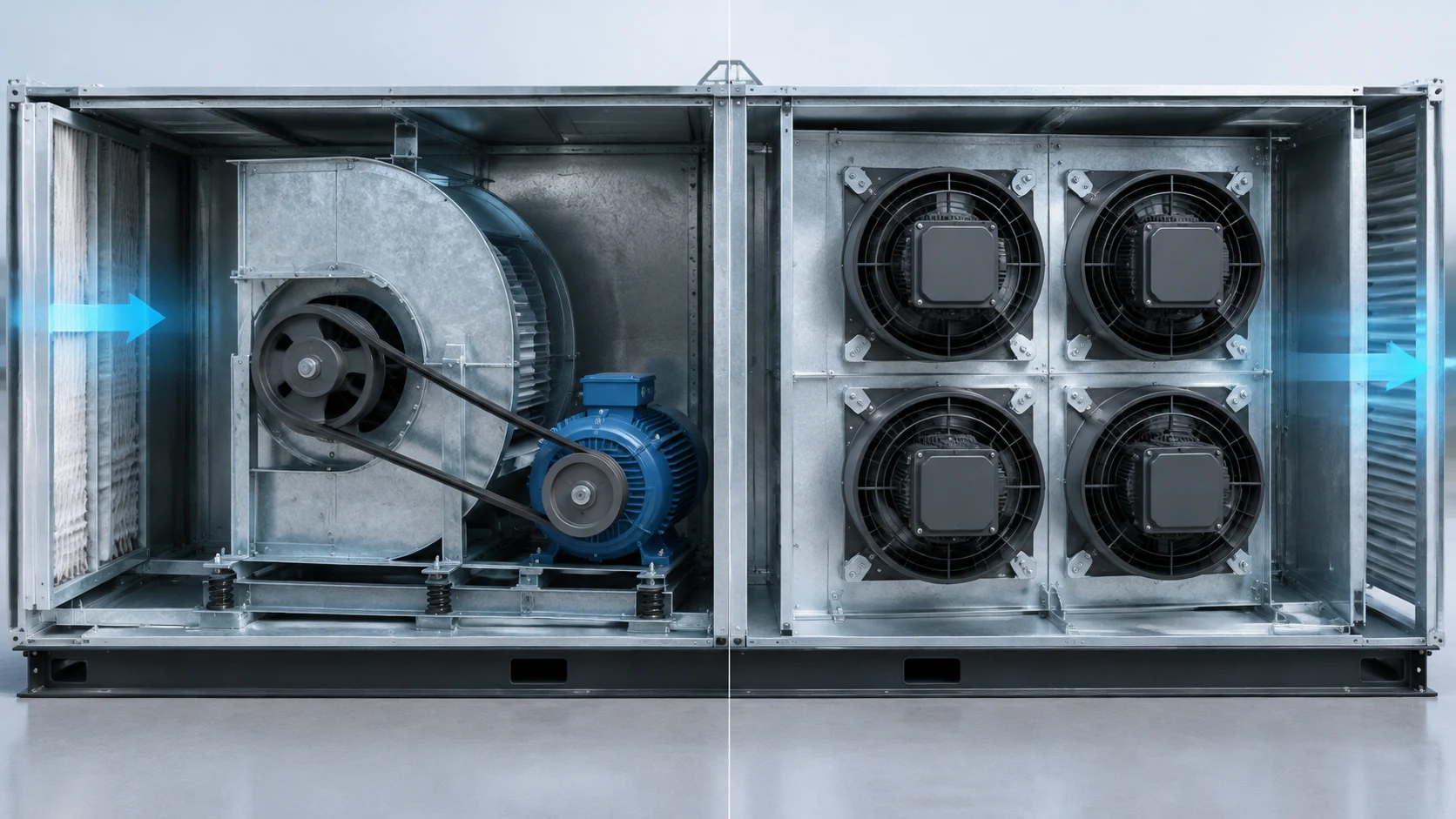 Side-by-side comparison diagram of a legacy belt-driven centrifugal blower with scroll housing, external motor base and pulleys on the left, against a modular plug fan array of four units on a bulkhead inside an air handling unit plenum on the right