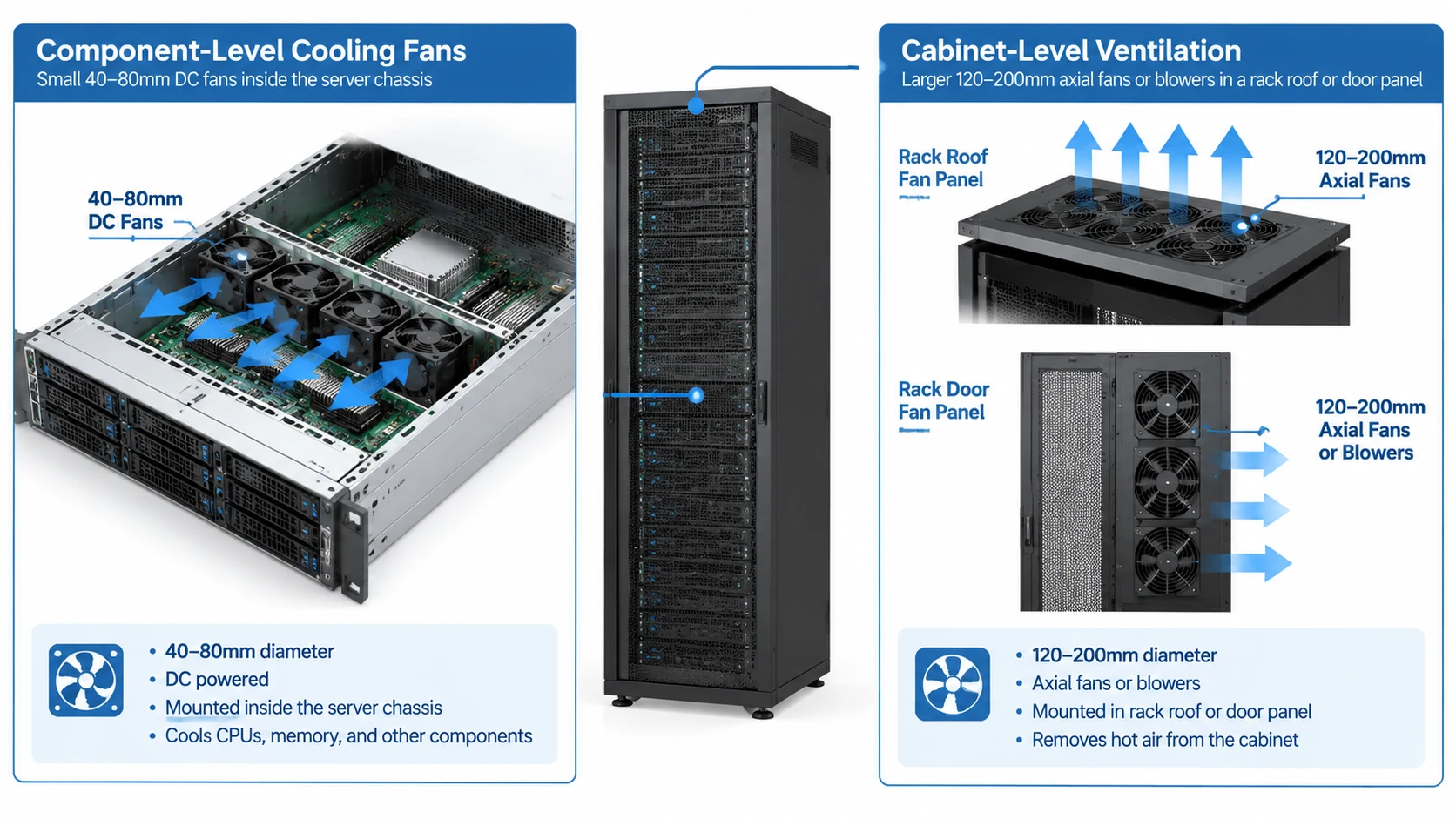 Diagram separating component-level cooling, a small fan mounted inside a 1U server chassis, from cabinet-level ventilation, a larger rack roof fan panel moving air through a whole cabinet