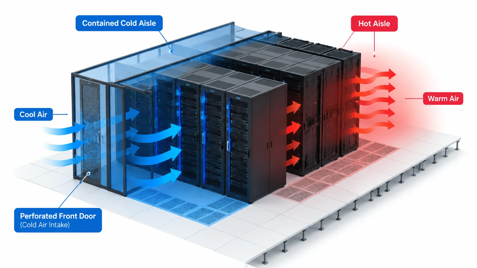 Diagram of front-to-rear airflow through a server rack, with cool air drawn from a contained cold aisle at the perforated front door and warm air discharged into a hot aisle at the rear