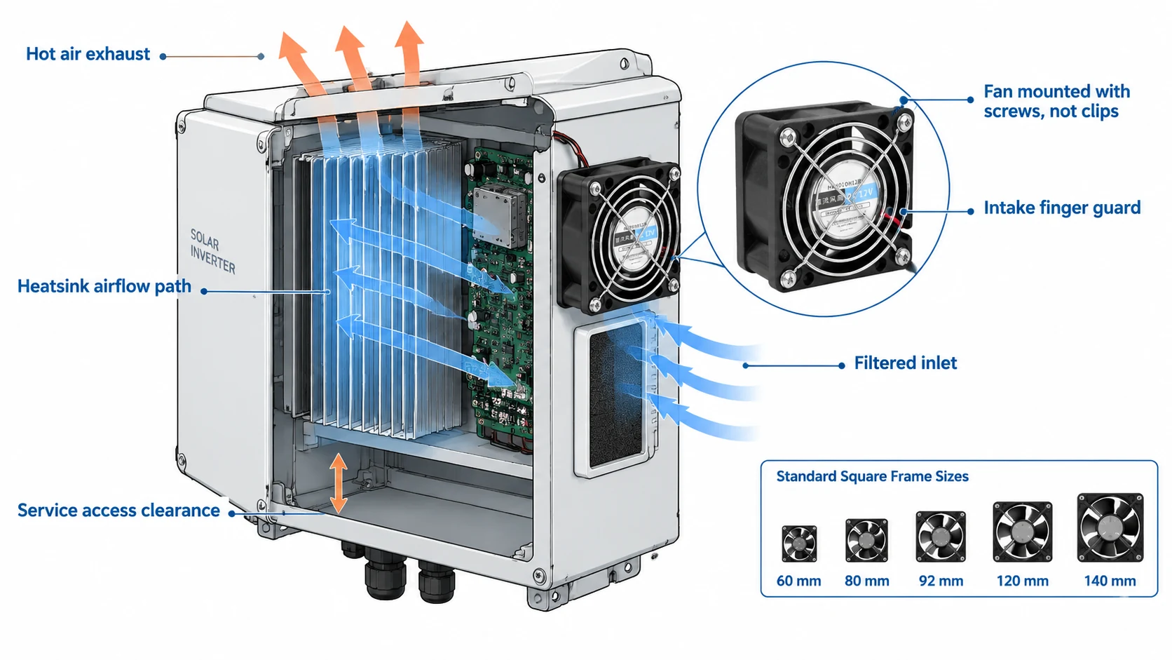 Cutaway view of an inverter enclosure showing fan mounting position, intake filter and heatsink airflow direction