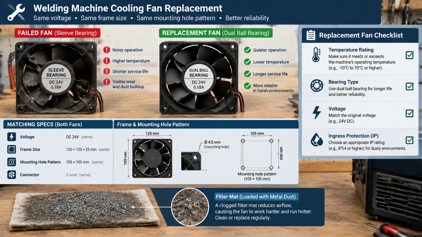Workbench diagram comparing a spent sleeve-bearing welding machine cooling fan against a dual-ball-bearing replacement, with matching voltage, frame size and mounting hole pattern called out and a filter mat shown loaded with metal dust