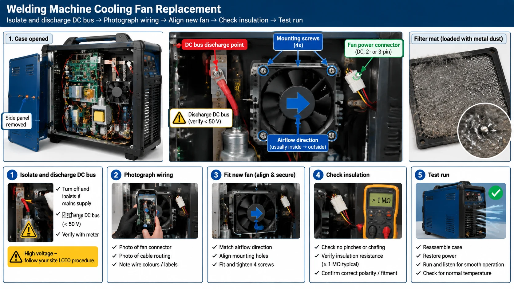 Work-order style diagram of a welding machine cooling fan replacement showing the case opened, the DC bus discharge point, the fan power connector labelled, and the mounting screws and airflow arrow marked before fitting the new fan