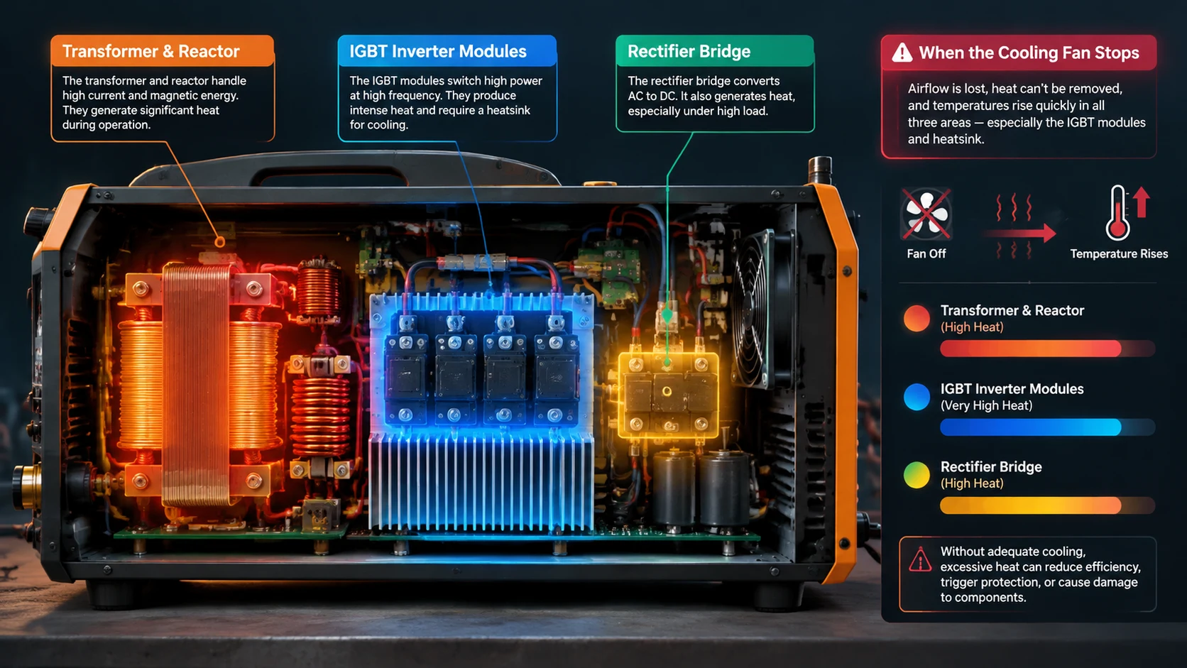 Cutaway diagram of an industrial welding machine showing heat sources when the cooling fan stops, with the transformer and reactor, IGBT inverter modules on a finned heatsink, and the rectifier bridge each highlighted as separate thermal zones